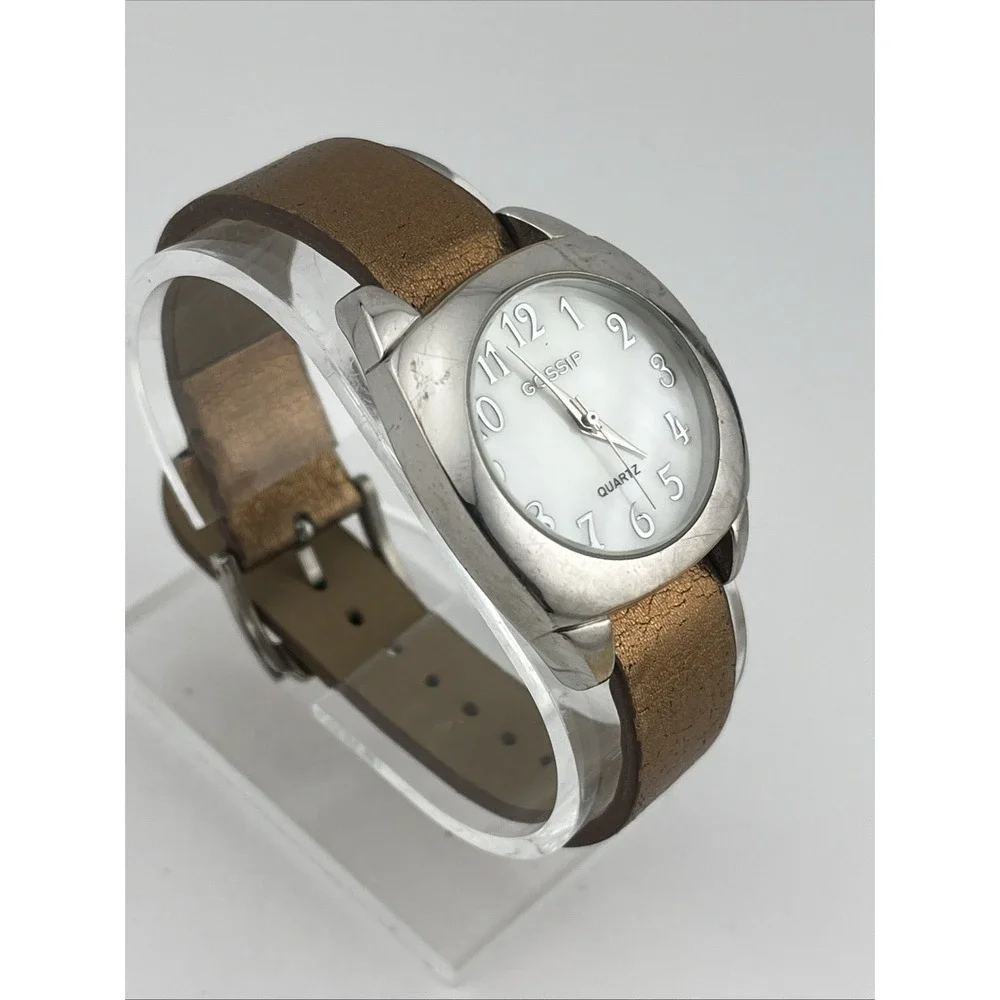Gossip Watch Women‎ 32mm Case MOP Dial Copper Faux Leather Band- New Battery